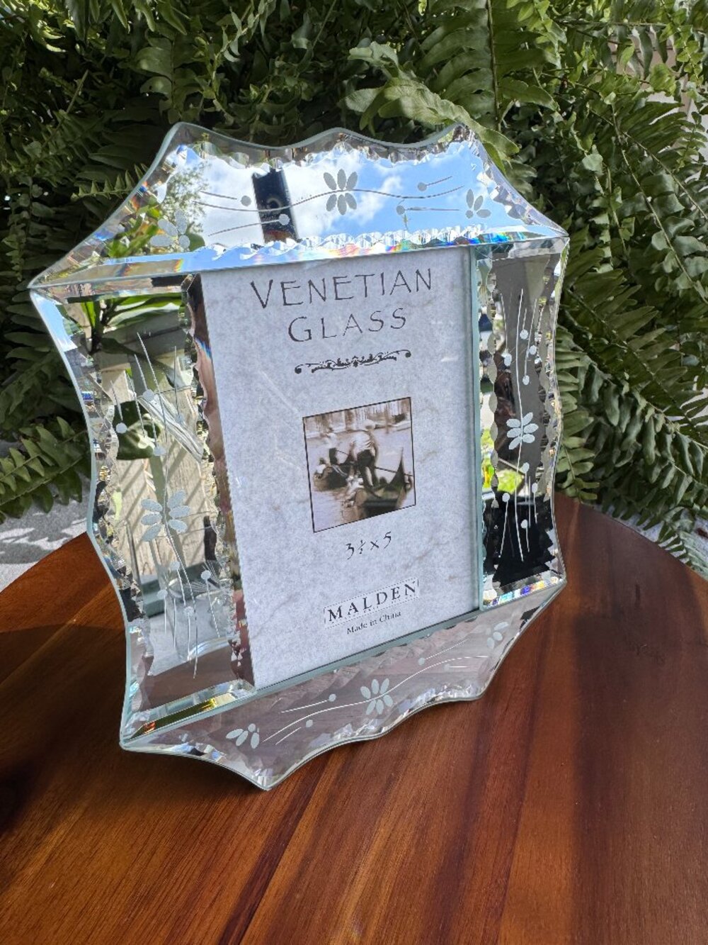 Vintage Malden Venetian Glass Picture Frame 3.5x5 - Etched Floral Mirrored Edge